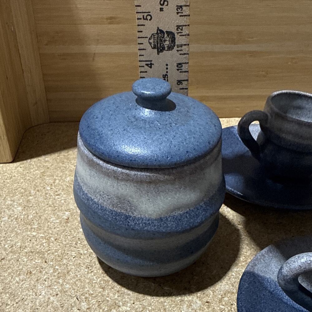VTG Studio Pottery Blue Gray Espresso Cups & Saucers Sugar Bowl Set - Picture 8 of 16